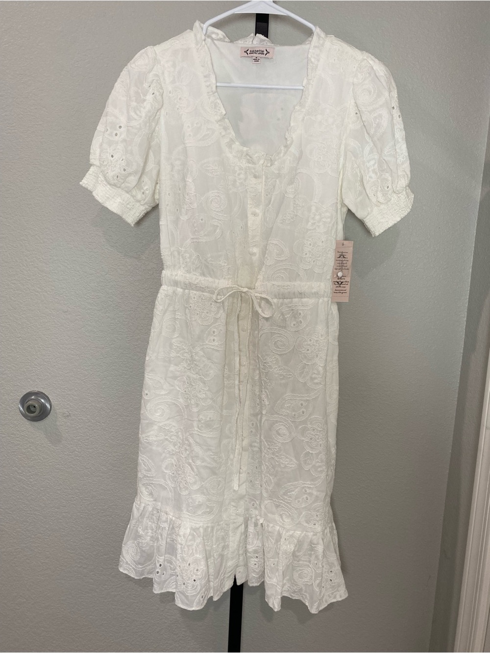 Nanette Lepore White embroidered Eyelet Midi Dress with Tie Waist - Picture 4 of 6